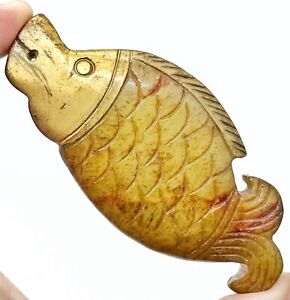 Chinese Jade Or Stone Carving Fish Antique Or Vintage Zoomorphic Gold Paint C