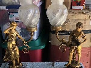 Vintage Pair Of French Lamp Cast Metal Painted 17 5 H Pa6208