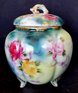 Antique Hand Painted Nippon Footed Biscuit Cookie Jar With Lid Cabbage Rose