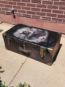Antique Metal Trunk Suitcase Style Redone Black Copper Old Truck On Top 