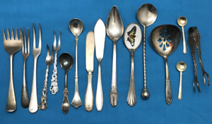 16 Pc Antique To Vntg Silverplated Flatware Charcuterie Serving Pieces