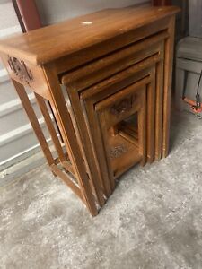 George Zee Co Beautiful 4 Vintage Asian Japanese Carved Wood Nesting Tables