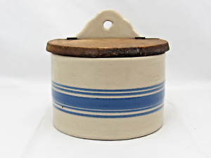 Antique Blue Stripe Glazed Stoneware Hanging Crock Salt Box Original Wood Lid