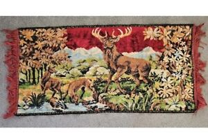 Rare Vintage Swan Red Velveteen Tapestry Whitetail Deer Buck 1970s 38 X 18 5 