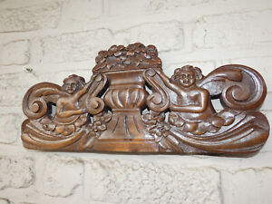 Antique Wood Carved Putti Cherub Figural Wall Plaque Panel