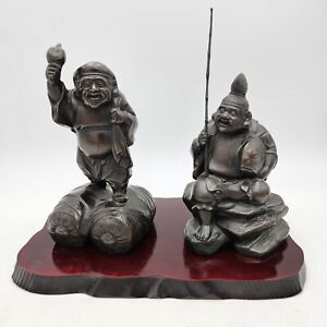 Bronze Ebisu Daikoku Figures Polished Wood Stand Japan Vintage