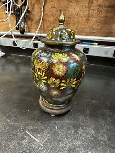 Chinese Cloisonne Lidded Vase Peacock Blue Green Enamel Chinoiserie Brass Urn