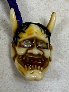 Vintage Japan Netsuke Devil Head With Rhinestone Eyes And A Red Tongue