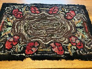 Nys 179 Antique Vtg Primitive Roses Wool Hooked Rag Rug Handmade 1800s 26 X38 