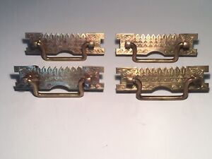 4 Heirloom Antique Victorian Eastlake Ornate Heavy Pressed Brass Drawer Pulls