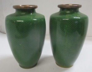 Pair Of Vintage Green Scale Cloisonne Vases