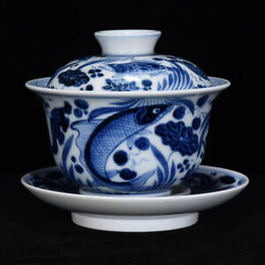 Chinese Blue White Porcelain Handmade Exquisite Fish Grass Pattern Bowls 2794