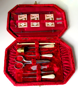 Antique Red Velvet Sew Kit With Pearl Handle Tools Etc 