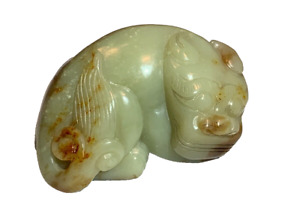 Antique Chinese Carved Yellowish Celadon Nephrite Jade Mythical Beast