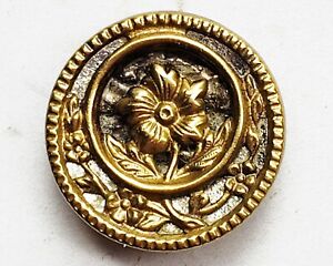 Antique Pierced Brass Flower Picture Button Mirror Back Crescent Floral Border