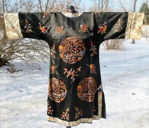 Chinese Embroidered Antique Black Silk Robe Willow Tree Bridge Forbidden Stitch