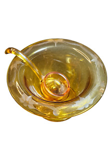 Amber Etched Compote 6 5 Wx3 75 High Floral With Line Etching 
