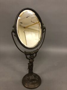 Antique Cast Iron Victorian Beveled Shaving Mirror W Woman Stand 17 1 2 
