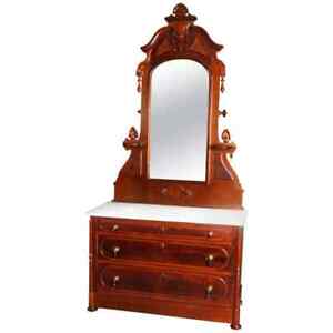 Victorian Renaissance Revival Burl Walnut Marble Top Dresser Circa 1880