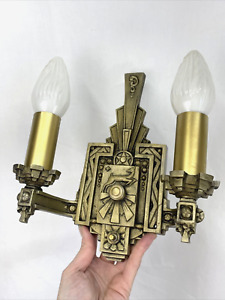 Rewired Antique Vtg Wall Sconce Arts Crafts Deco Mission 1920s Gold 2 Arm Candle