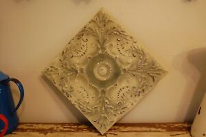 Antique 12 3 4 X 12 3 4 Reclaimed Ceiling Tin Tile Hand Painted Green