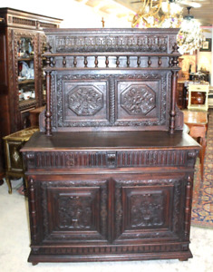 French Antique Renaissance Dark Oak Wood Buffet Sideboard Server Circa 1820