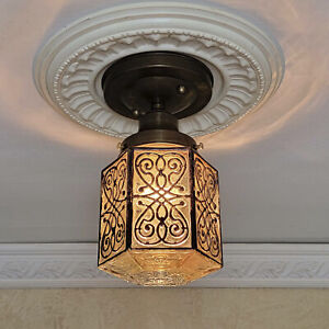 148c Arts Crafts Mission Spanish Revival Glass Shade Ceiling Light Fixture Porch