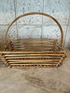 Antique Primitive Basket Narrow Single Handle Rectangular Stick Twig Patina