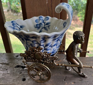 Antique Brass Ormolu Monkey With Blue And White Porcelain Planter Basin