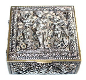 Vintage Antique Indian Solid Silver Brass Repousse Box 