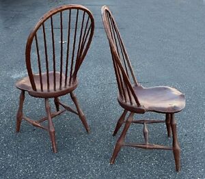 Vintage Pr Of D R Dimes Bamboo Turned Windsor Chairs In The Crackled Flat Red