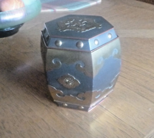 1950s Vintage Hexagon Brass On Pewter Tea Caddy Made In Hong Kong Free Ship 