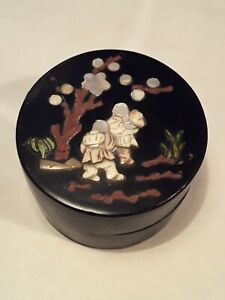 Antique Meiji Japanese Lacquer Box With Stone Bone And Mother Of Pearl Inlay