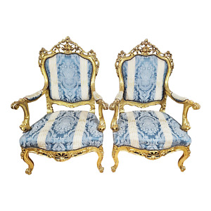 Pair Antique Italian French Louis Xv Style Gilt Pierce Carved Fauteuil Armchairs
