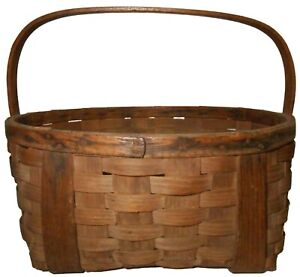 19th C New England Primitive Antique Splint Ash Gathering Basket W Carved Handle