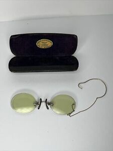Antique Pince Nez Edwardian Tinted Glasses 10ct Gold Chain Ear By Gibbs Beeman