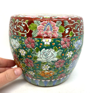 Vtg Japanese Cachepot Planter Hibachi Brazier Pot Porcelain Enamel Floral
