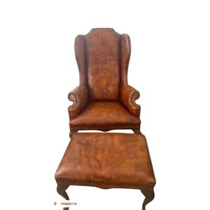Vintage Leather Queen Anne Marie High Back Wing Chair And Ottomon