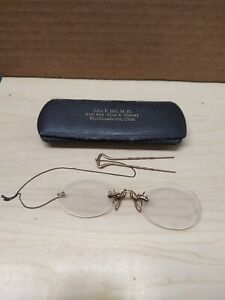 Antique Vtg Fits U Pince Nez Spectacle Eyeglasses W Hairpin Chain Case
