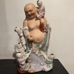 Large 13 5 Chinese Porcelain Famille Rose Laughing Buddha Statue 5 Children