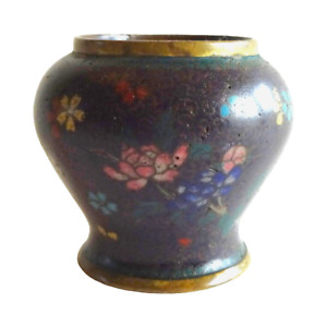 Antique Vintage 19th Century Cloisonne Japanese Enamel Small Black Floral Vase