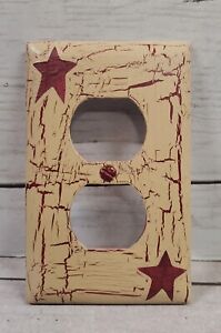 Primitive Crackle Tan Burgundy Star Outlet Plate Country Decor