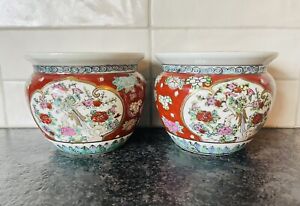 2 Antique Chinese Hand Painted Birds Wild Cherry Blossoms And Roses Fish Bowl