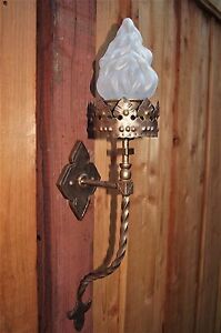 Vtg Italy Gothic Medieval Wrought Iron Torch Flame Glass Shade Sconses Fixture