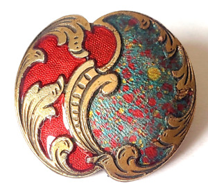 Antique Enamel Button Rococo Border Pretty Shape One Side Red Other Speckled