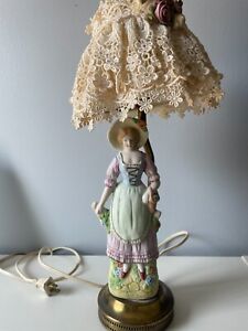 Antique Victorian Woman Porcelain Figural Lamp With Shade 16 Tall