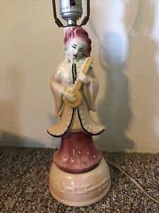 Porcelain Table Lamp W Oriental Lady Playing Lute 1950s 1960s Unused