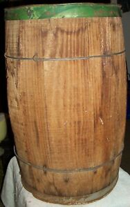 Antique Vintage Primitive Small 18 X 11 Wood Green Metal Bands Wood Barrel
