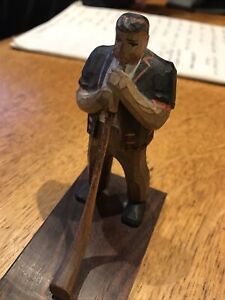 Vintage Folk Art Black Forest Swiss Wood Carving Small Man Playing Horn