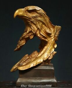 11 Old Chinese Purple Bronze Gold Eagle Hawk Falcon Animal Head Feather Statue